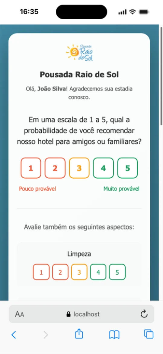 Captura real do Simpleshotel: Votação NPS no celular