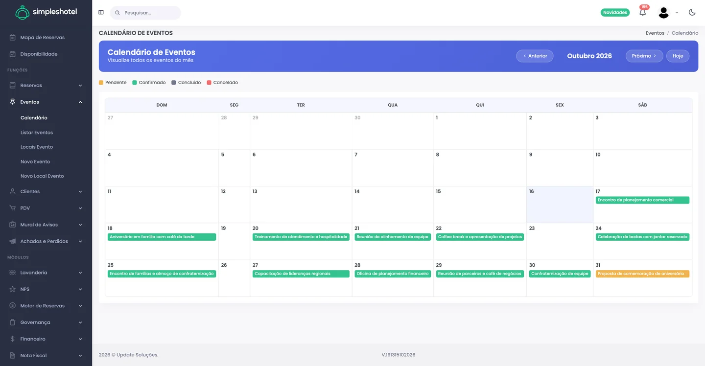 Captura real do Simpleshotel: Calendário de eventos