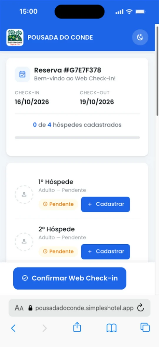 Captura real do Simpleshotel: Web check-in no celular