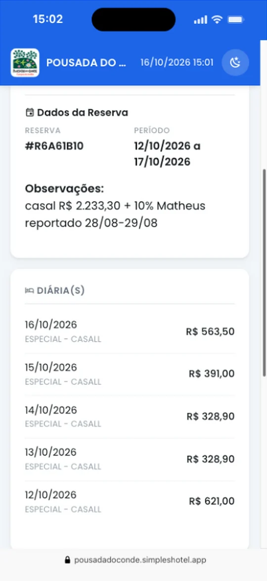 Captura real do Simpleshotel: Extrato da reserva no celular