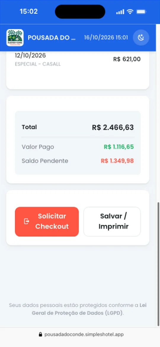 Captura real do Simpleshotel: Solicitar checkout no celular