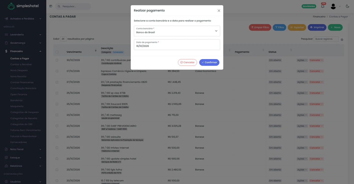 Captura real do Simpleshotel: Contas a pagar