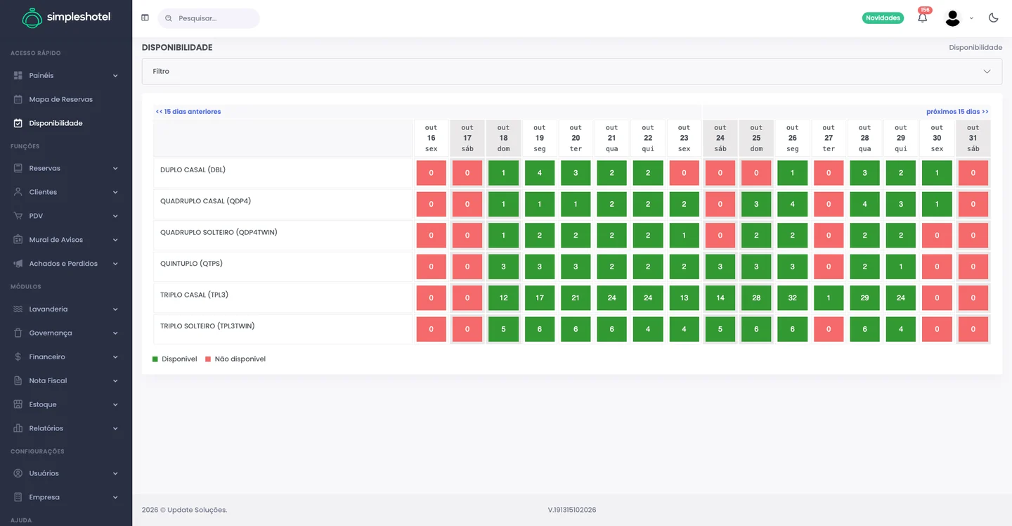 Captura real do Simpleshotel: Calendário de disponibilidade