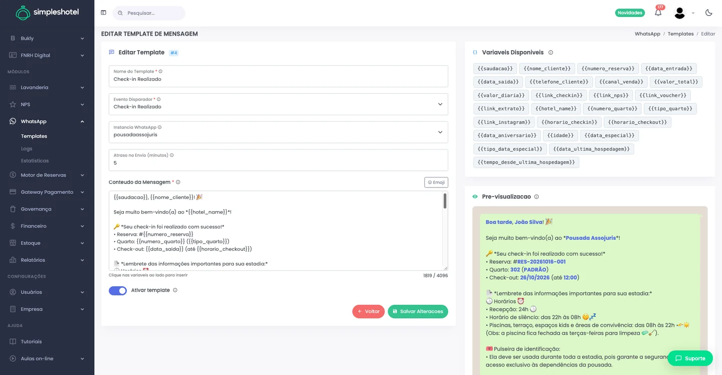 Captura real do Simpleshotel: Template de WhatsApp