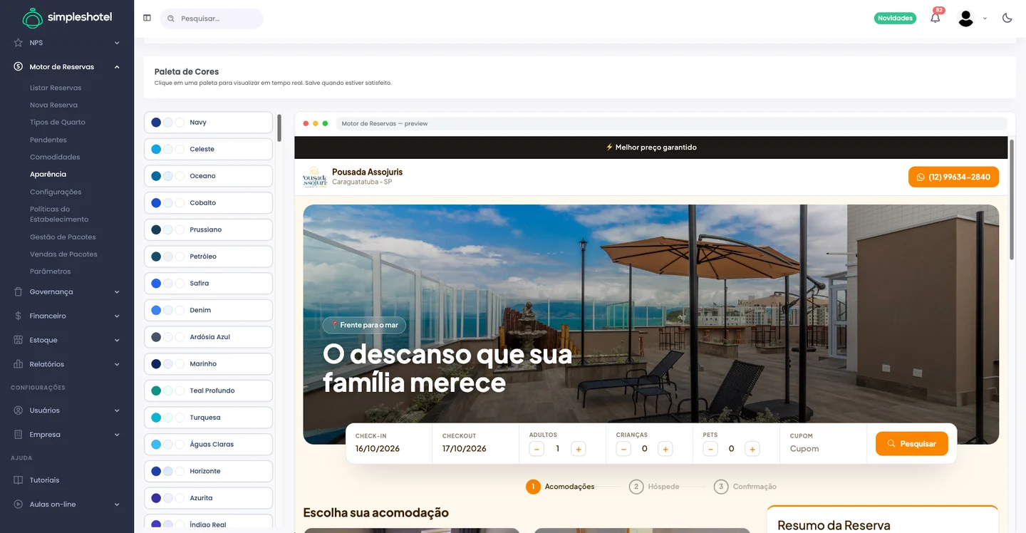 Captura real do Simpleshotel: Designs e customização do motor de reservas