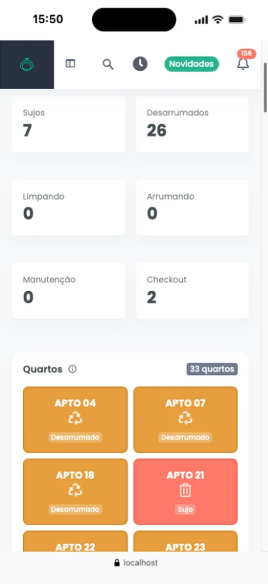 Captura real do Simpleshotel: Quartos no celular
