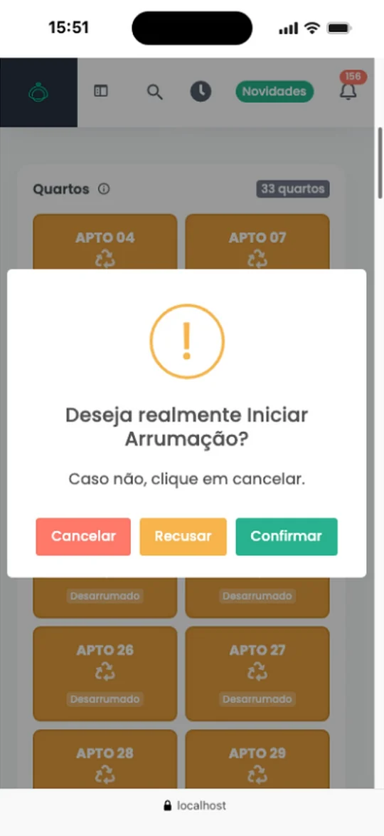 Captura real do Simpleshotel: Iniciar limpeza e arrumação no celular