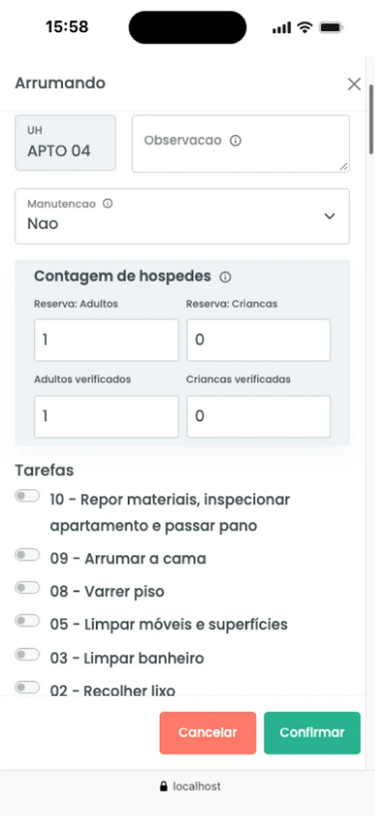 Captura real do Simpleshotel: Lista de tarefas no celular