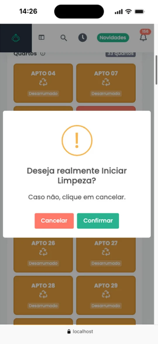 Captura real do Simpleshotel: Governança no celular — limpar quarto