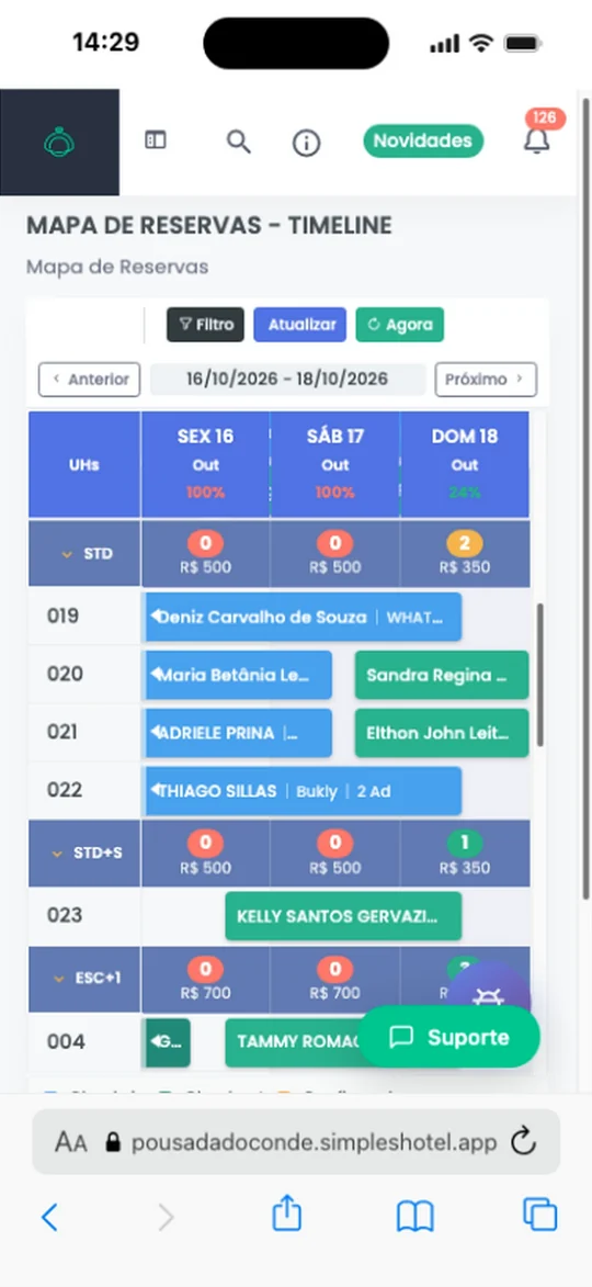 Captura real do Simpleshotel: Mapa de reservas no celular