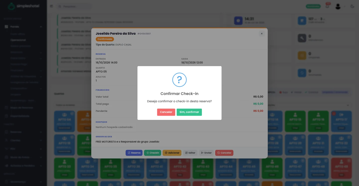 Captura real do Simpleshotel: Reservas — fazer check-in