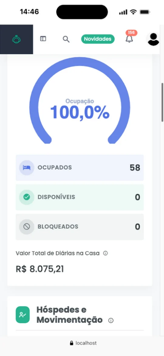 Captura real do Simpleshotel: Dashboard diário no celular