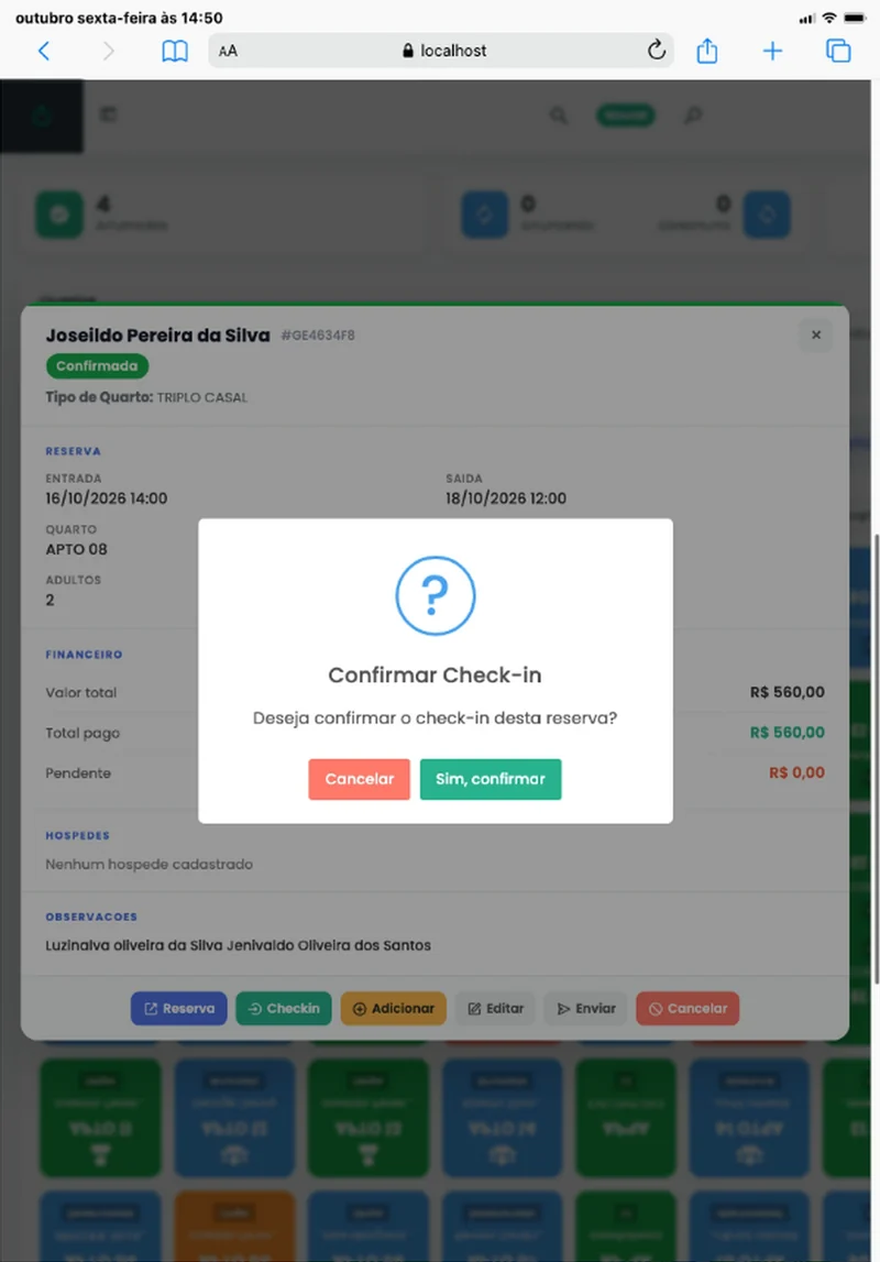 Captura real do Simpleshotel: Fazer check-in no tablet